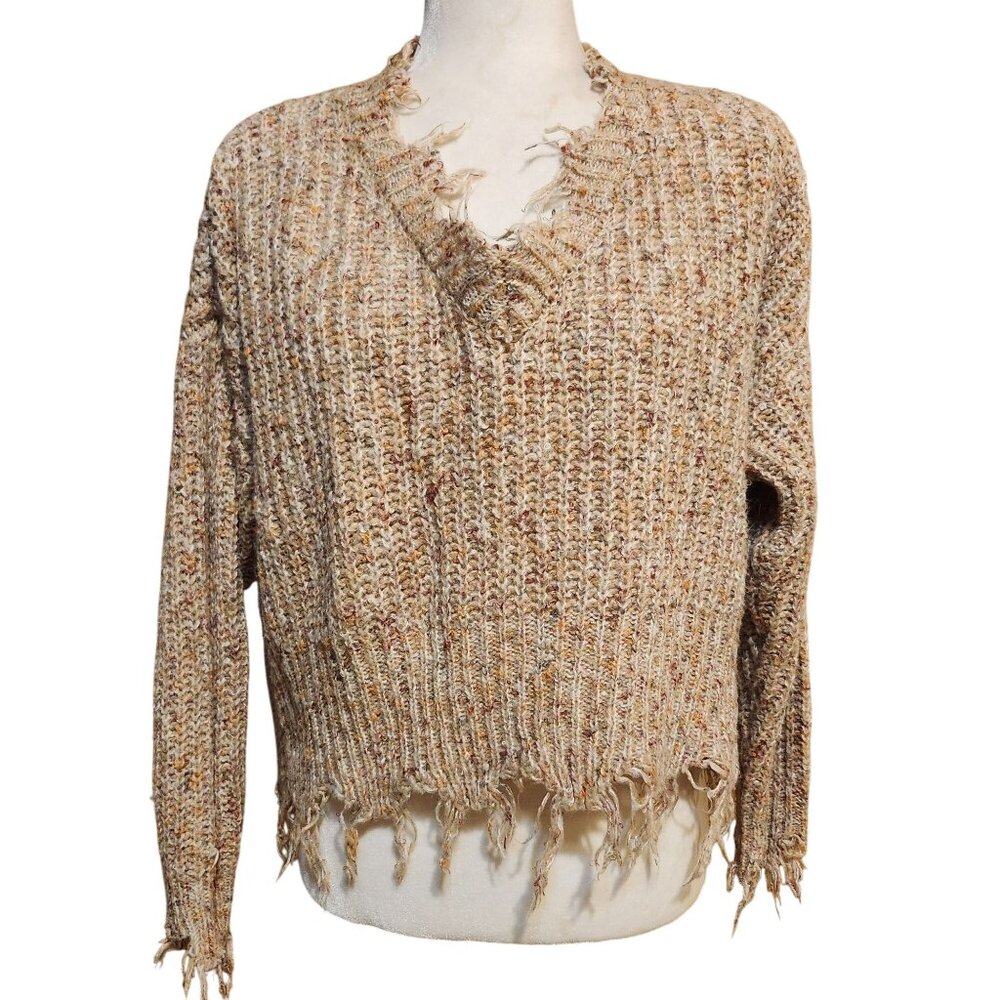 Jolt Women's Size Small Distressed Beige Speckled Knit Cropped Sweater V Neck